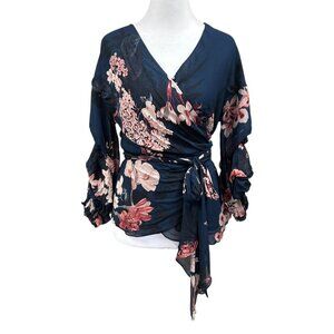 Zara Women Sheer Floral Feminine Ruched Sleeve Wrap Top Sz XS